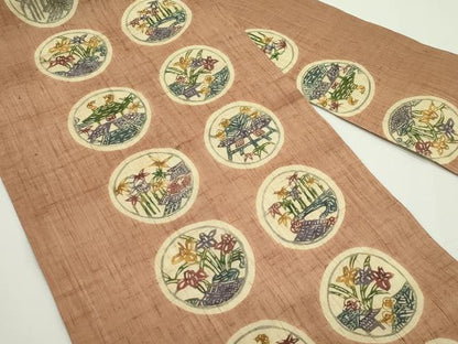 平和屋着物＊夏物　九寸名古屋帯　東京染　紅型染　草花風景丸文　麻　逸品　CABJ9096rv