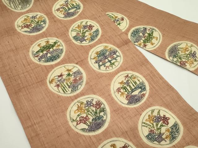 平和屋着物＊夏物　九寸名古屋帯　東京染　紅型染　草花風景丸文　麻　逸品　CABJ9096rv