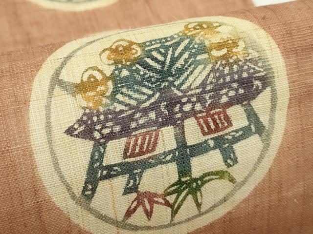 平和屋着物＊夏物　九寸名古屋帯　東京染　紅型染　草花風景丸文　麻　逸品　CABJ9096rv