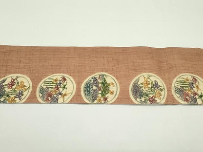 平和屋着物＊夏物　九寸名古屋帯　東京染　紅型染　草花風景丸文　麻　逸品　CABJ9096rv