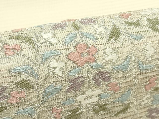 平和屋着物＊夏物　九寸名古屋帯　唐織　草花文　銀糸　正絹　逸品　CABJ9099rv