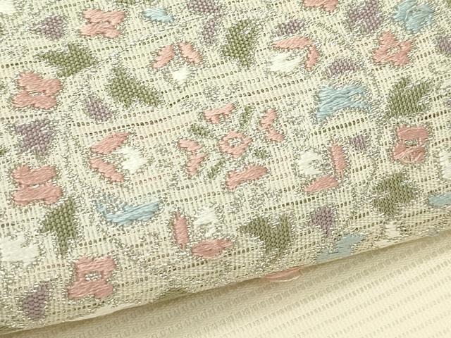 平和屋着物＊夏物　九寸名古屋帯　唐織　草花文　銀糸　正絹　逸品　CABJ9099rv