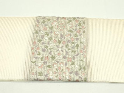 平和屋着物＊夏物　九寸名古屋帯　唐織　草花文　銀糸　正絹　逸品　CABJ9099rv