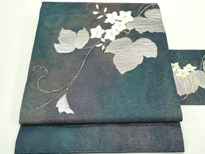 平和屋着物＊夏物　九寸名古屋帯　唐織　草花文　銀糸　正絹　逸品　未使用　CABJ9106rv
