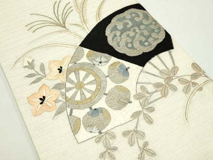 平和屋着物＊夏物　アンティーク　大正ロマン　丸帯　引き抜き帯　総手刺繍　扇面草花文　金銀糸　正絹　逸品　CABJ9116rv