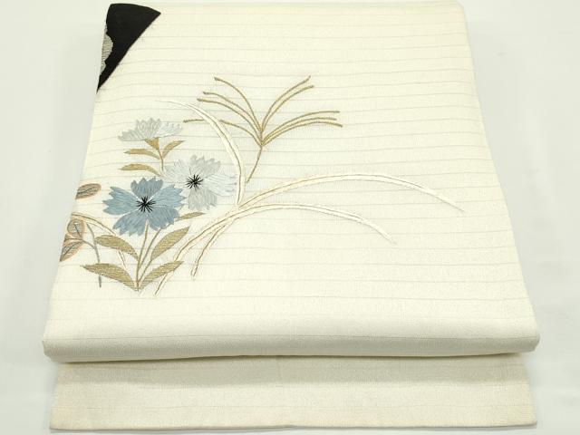平和屋着物＊夏物　アンティーク　大正ロマン　丸帯　引き抜き帯　総手刺繍　扇面草花文　金銀糸　正絹　逸品　CABJ9116rv