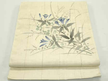 平和屋着物＊夏物　八寸名古屋帯　手描き　草花文　麻　逸品　CABJ9129rv