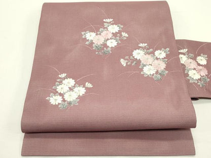 平和屋着物＊夏物　九寸名古屋帯　手描き　駒刺繍　菊　銀糸　正絹　逸品　未使用　CABJ9134rv