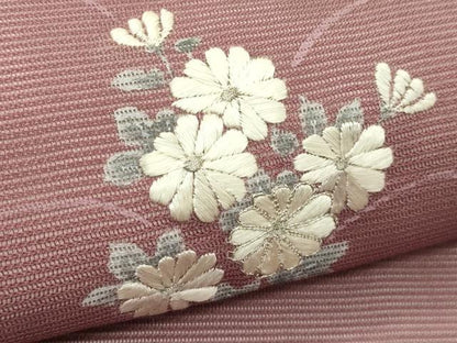 平和屋着物＊夏物　九寸名古屋帯　手描き　駒刺繍　菊　銀糸　正絹　逸品　未使用　CABJ9134rv