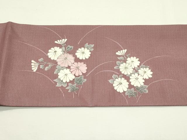 平和屋着物＊夏物　九寸名古屋帯　手描き　駒刺繍　菊　銀糸　正絹　逸品　未使用　CABJ9134rv