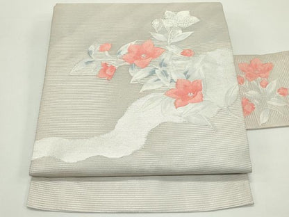 平和屋着物＊夏物　九寸名古屋帯　草花文　銀糸　正絹　逸品　未使用　CABJ9136rv