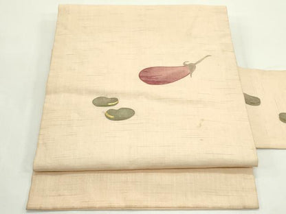 平和屋着物＊夏物　九寸名古屋帯　駒刺繍　成り物　茄子　そら豆　麻　逸品　CABJ9176rv
