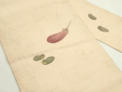 平和屋着物＊夏物　九寸名古屋帯　駒刺繍　成り物　茄子　そら豆　麻　逸品　CABJ9176rv