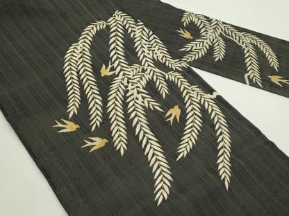 平和屋着物＊夏物　九寸名古屋帯　枝垂れ柳飛鳥文　黒地　金彩　正絹　逸品　CABJ9187rv