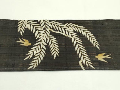 平和屋着物＊夏物　九寸名古屋帯　枝垂れ柳飛鳥文　黒地　金彩　正絹　逸品　CABJ9187rv