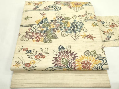 平和屋着物＊夏物　九寸名古屋帯　本場琉球紅型　流水草花文　麻　逸品　CABJ9188rv