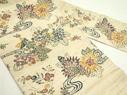 平和屋着物＊夏物　九寸名古屋帯　本場琉球紅型　流水草花文　麻　逸品　CABJ9188rv