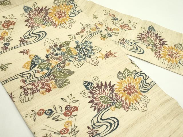 平和屋着物＊夏物　九寸名古屋帯　本場琉球紅型　流水草花文　麻　逸品　CABJ9188rv