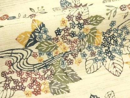 平和屋着物＊夏物　九寸名古屋帯　本場琉球紅型　流水草花文　麻　逸品　CABJ9188rv
