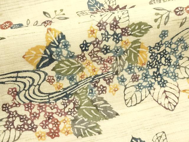 平和屋着物＊夏物　九寸名古屋帯　本場琉球紅型　流水草花文　麻　逸品　CABJ9188rv