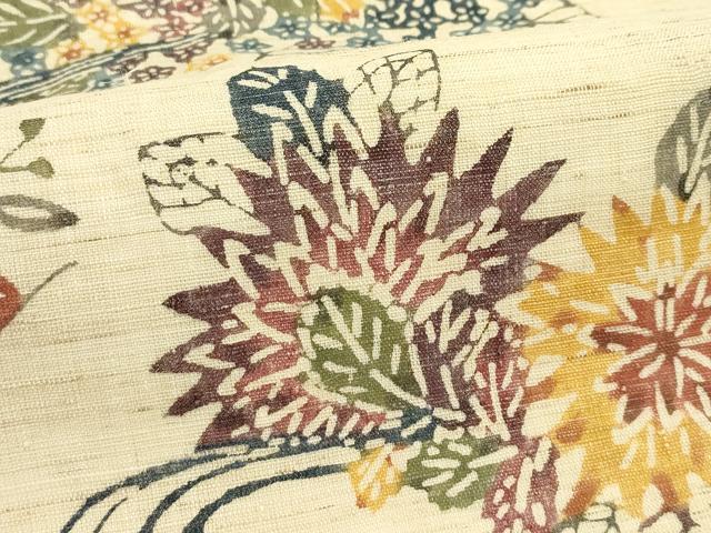 平和屋着物＊夏物　九寸名古屋帯　本場琉球紅型　流水草花文　麻　逸品　CABJ9188rv