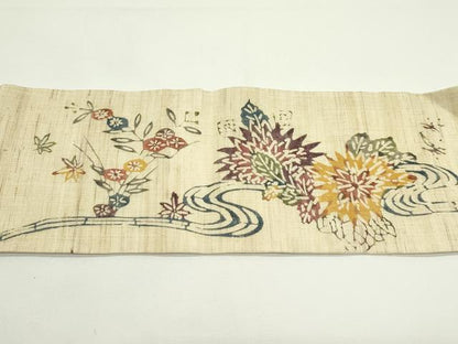 平和屋着物＊夏物　九寸名古屋帯　本場琉球紅型　流水草花文　麻　逸品　CABJ9188rv