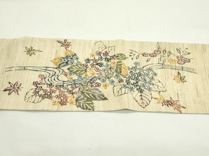 平和屋着物＊夏物　九寸名古屋帯　本場琉球紅型　流水草花文　麻　逸品　CABJ9188rv