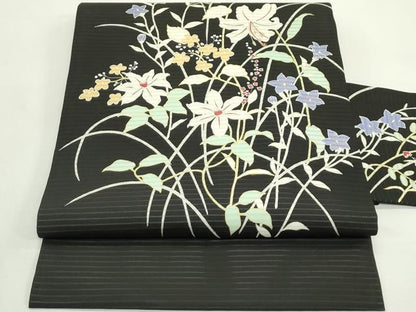平和屋着物＊夏物　絽塩瀬　九寸名古屋帯　草花文　黒地　金銀彩　正絹　逸品　未使用　CABJ9190rv