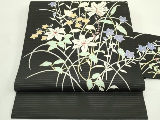 平和屋着物＊夏物　絽塩瀬　九寸名古屋帯　草花文　黒地　金銀彩　正絹　逸品　未使用　CABJ9190rv