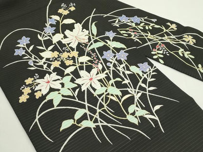 平和屋着物＊夏物　絽塩瀬　九寸名古屋帯　草花文　黒地　金銀彩　正絹　逸品　未使用　CABJ9190rv
