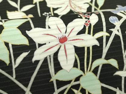 平和屋着物＊夏物　絽塩瀬　九寸名古屋帯　草花文　黒地　金銀彩　正絹　逸品　未使用　CABJ9190rv