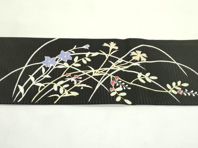 平和屋着物＊夏物　絽塩瀬　九寸名古屋帯　草花文　黒地　金銀彩　正絹　逸品　未使用　CABJ9190rv