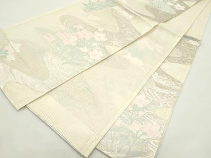 平和屋着物＊夏物　六通柄袋帯　流水花文　銀糸　正絹　逸品　未使用　CABJ9198rv