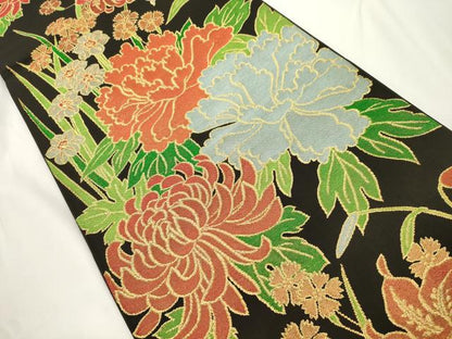 平和屋着物●西陣　川島織物　六通柄　本袋帯　草花文　黒地　金糸　正絹　逸品　CABJ9247dy