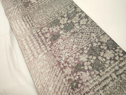 平和屋着物●両面　全通柄袋帯　ふくれ織　黄櫨染　草花文　金糸　正絹　逸品　CABJ9261dy