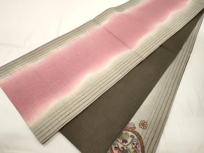 平和屋着物●太鼓柄袋帯　紬地　総刺繍　幾何学花文　金銀糸　正絹　逸品　CABJ9277dy
