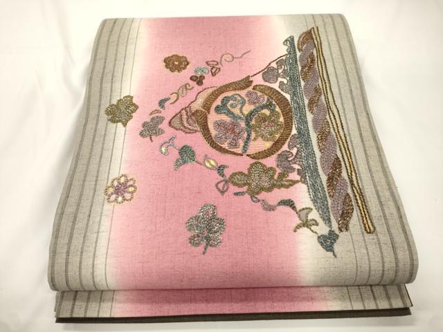 平和屋着物●太鼓柄袋帯　紬地　総刺繍　幾何学花文　金銀糸　正絹　逸品　CABJ9277dy