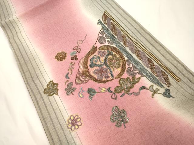 平和屋着物●太鼓柄袋帯　紬地　総刺繍　幾何学花文　金銀糸　正絹　逸品　CABJ9277dy