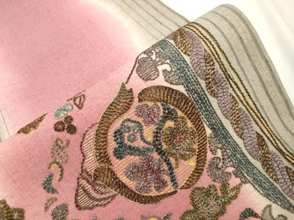 平和屋着物●太鼓柄袋帯　紬地　総刺繍　幾何学花文　金銀糸　正絹　逸品　CABJ9277dy