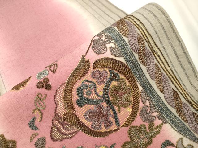 平和屋着物●太鼓柄袋帯　紬地　総刺繍　幾何学花文　金銀糸　正絹　逸品　CABJ9277dy