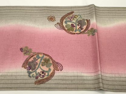平和屋着物●太鼓柄袋帯　紬地　総刺繍　幾何学花文　金銀糸　正絹　逸品　CABJ9277dy