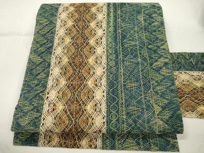 平和屋着物●全通柄九寸名古屋帯　リボン織　幾何学間道　金糸　正絹　逸品　CABJ9281dy