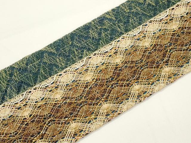 平和屋着物●全通柄九寸名古屋帯　リボン織　幾何学間道　金糸　正絹　逸品　CABJ9281dy