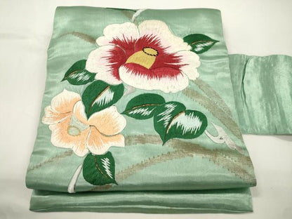 平和屋着物●アンティーク　大正ロマン　九寸名古屋帯　総手刺繍　草花文　金糸　正絹　逸品　CABJ9284dy