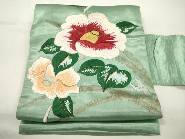 平和屋着物●アンティーク　大正ロマン　九寸名古屋帯　総手刺繍　草花文　金糸　正絹　逸品　CABJ9284dy