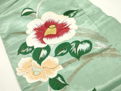 平和屋着物●アンティーク　大正ロマン　九寸名古屋帯　総手刺繍　草花文　金糸　正絹　逸品　CABJ9284dy