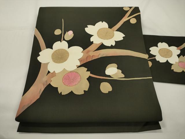 平和屋着物●塩瀬　九寸名古屋帯　ろうけつ染め　枝桜文　黒地　金彩　正絹　逸品　CABJ9287dy