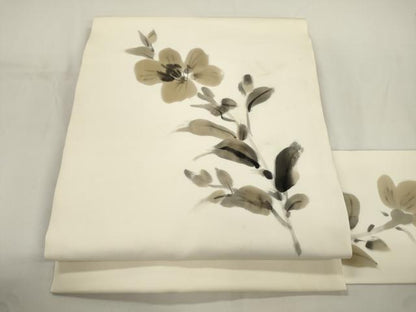 平和屋着物●塩瀬　九寸名古屋帯　作家物　手描き　草花文　正絹　逸品　CABJ9291dy