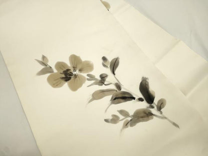 平和屋着物●塩瀬　九寸名古屋帯　作家物　手描き　草花文　正絹　逸品　CABJ9291dy