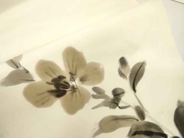 平和屋着物●塩瀬　九寸名古屋帯　作家物　手描き　草花文　正絹　逸品　CABJ9291dy
